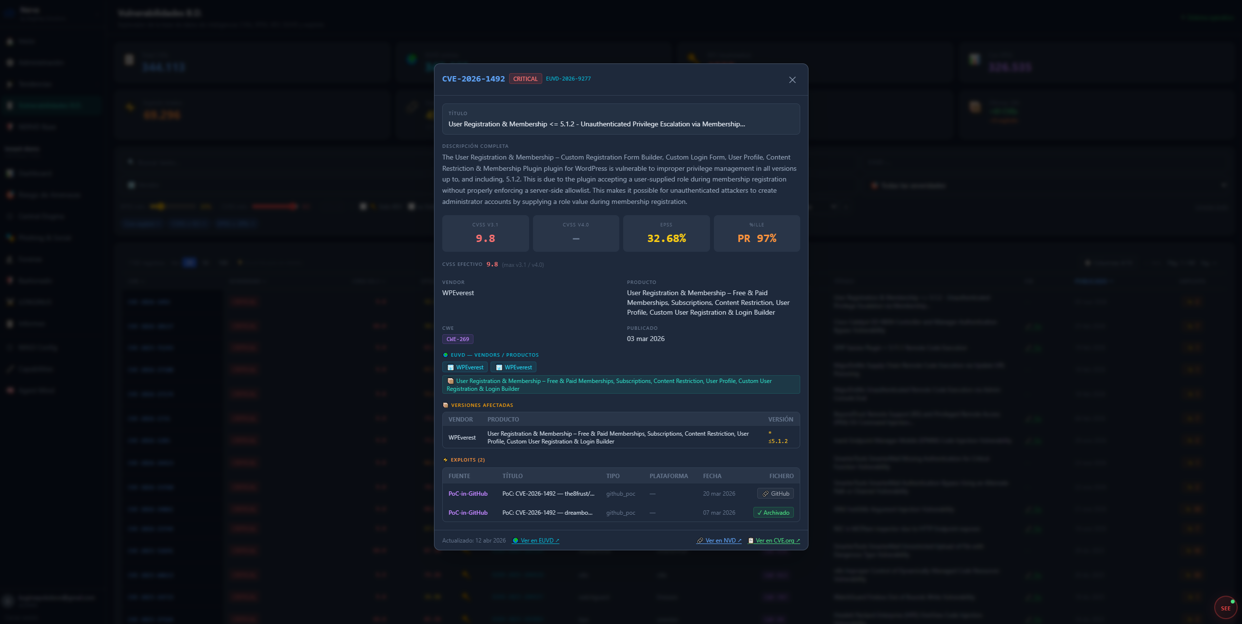 Detalle de CVE con puntuación CVSS, descripción, referencias y estado de remediación